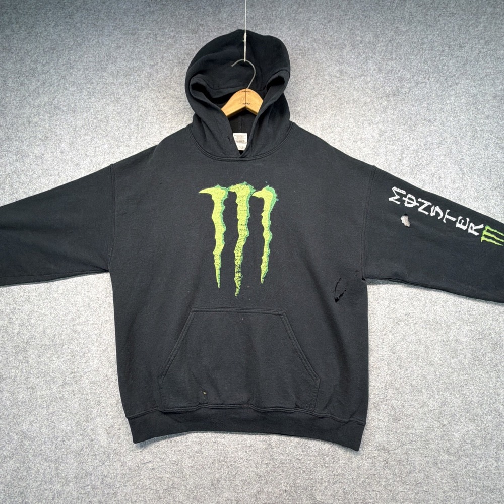 Vintage Monster Energy Black Hoodie Sweatshirt Men's Size Large Gildan Y2K